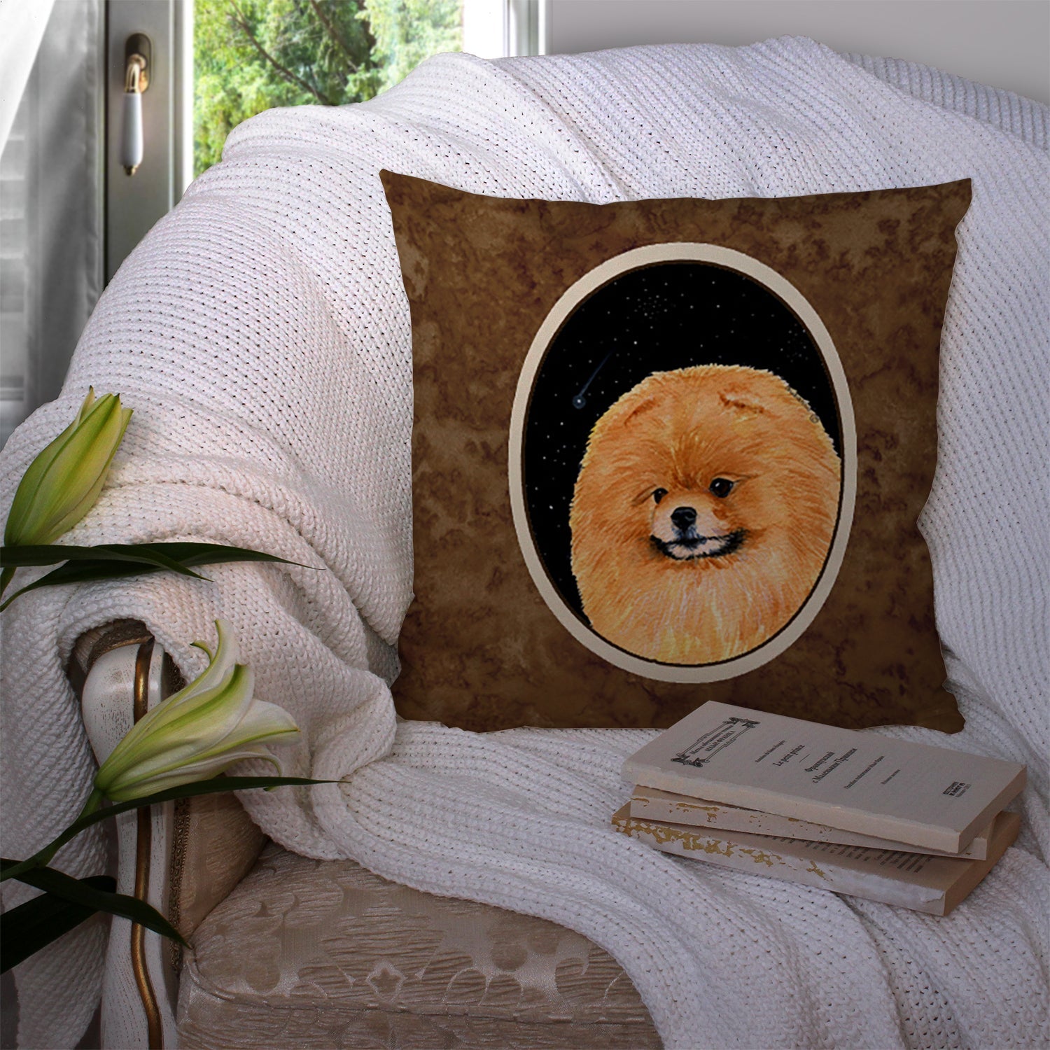 Starry Night Pomeranian Decorative Throw Pillow 14x14 Indoor Outdoor Accent Cushion, Fabric Cover with Insert for Sofa, Bed, Porch & Living Room