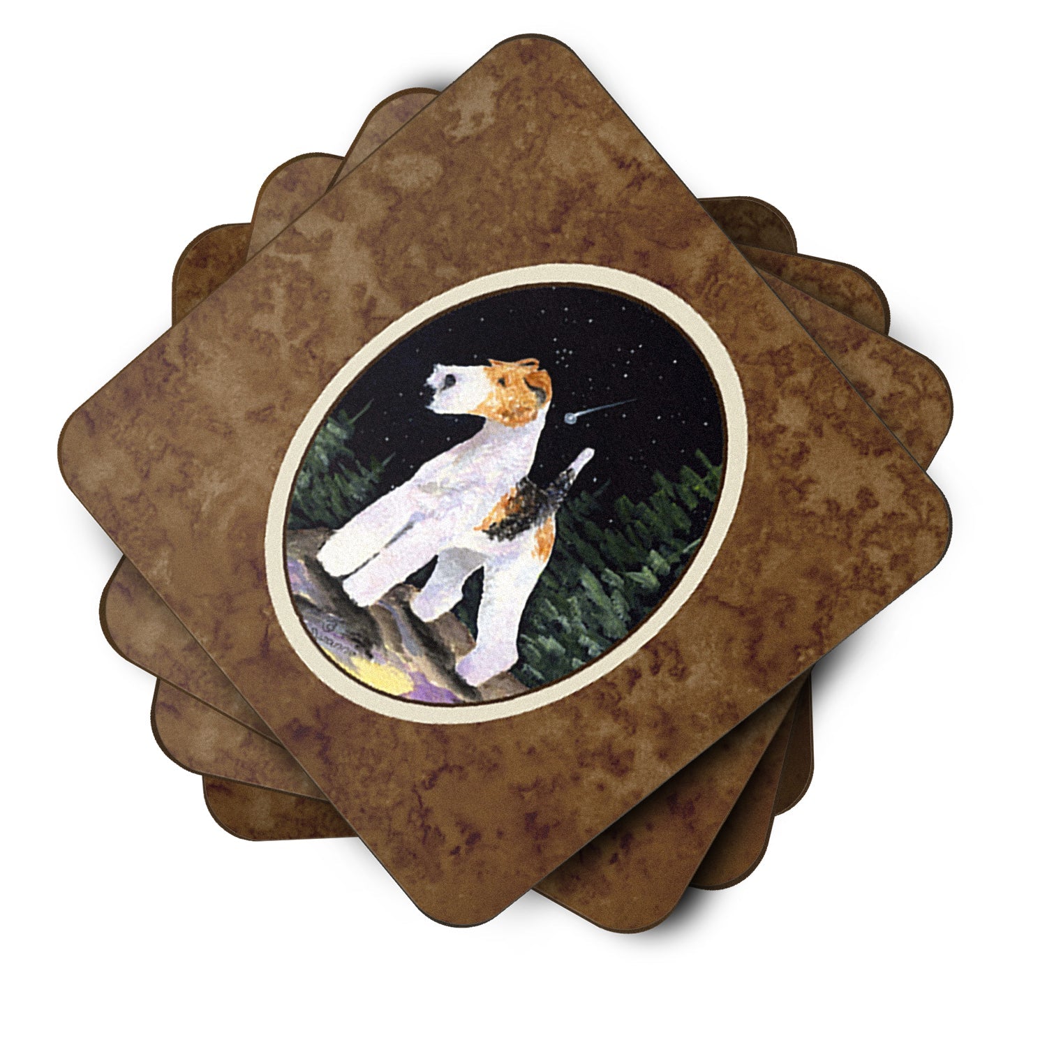 Starry Night Fox Terrier Foam Coasters Set of 4 Cup Coasters for Indoor Outdoor, Tabletop Protection, Anti Slip, Mouse pad Material