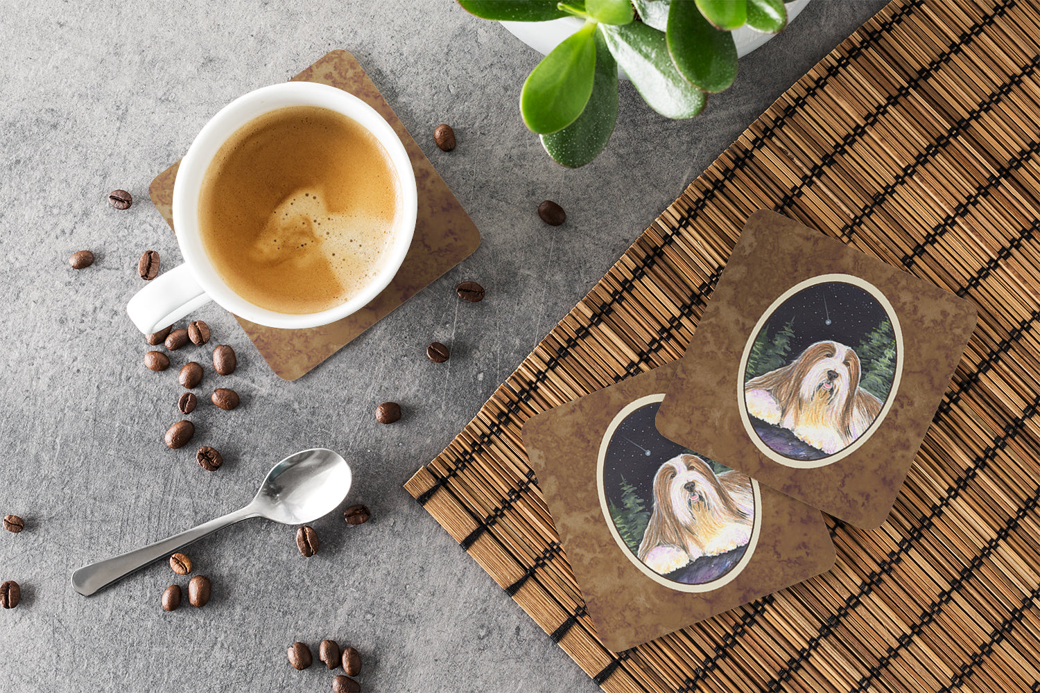 Starry Night Bearded Collie Foam Coasters Set of 4 Cup Coasters for Indoor Outdoor, Tabletop Protection, Anti Slip, Mouse pad Material