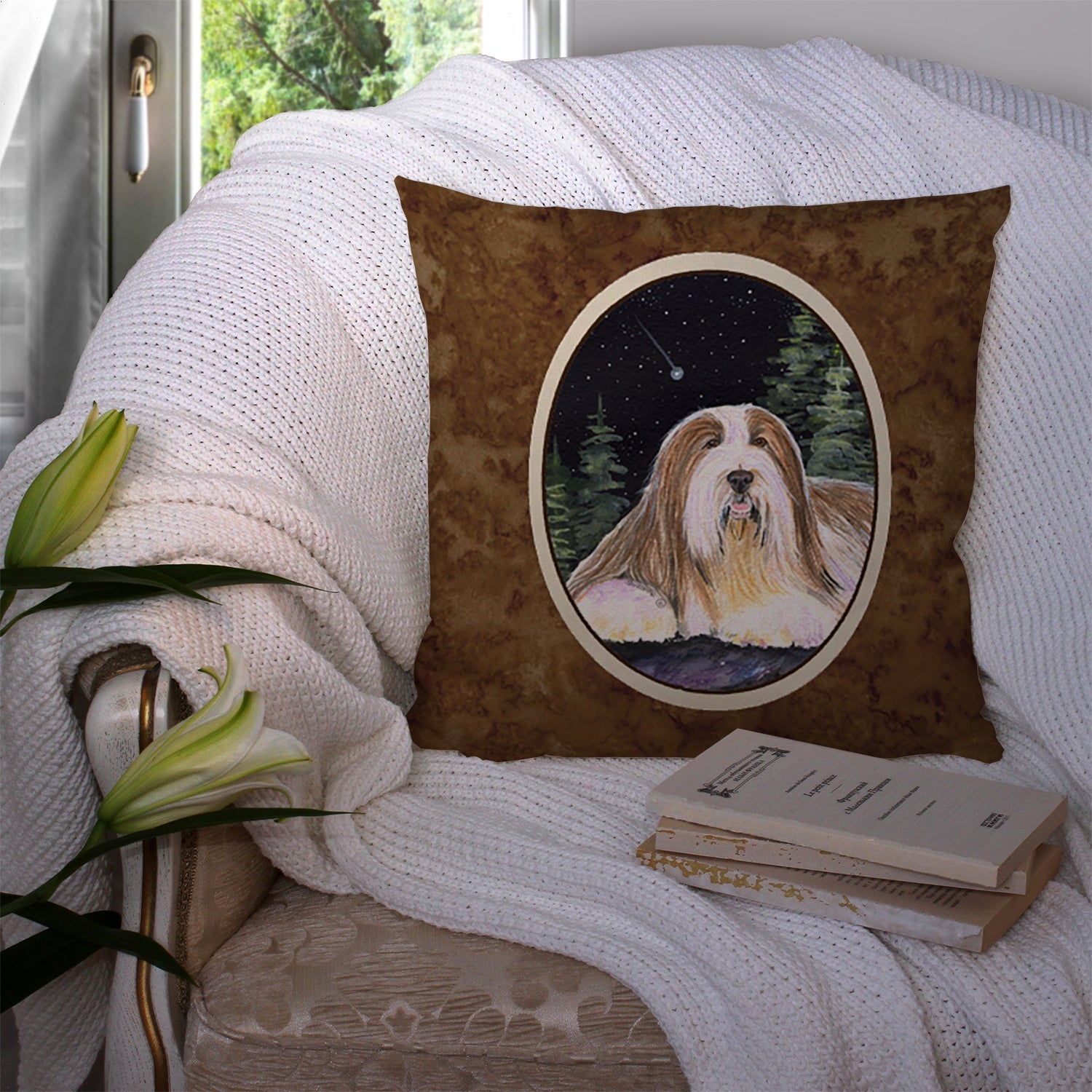 Starry Night Bearded Collie Decorative Throw Pillow 14x14 Indoor Outdoor Accent Cushion, Fabric Cover with Insert for Sofa, Bed, Porch & Living Room