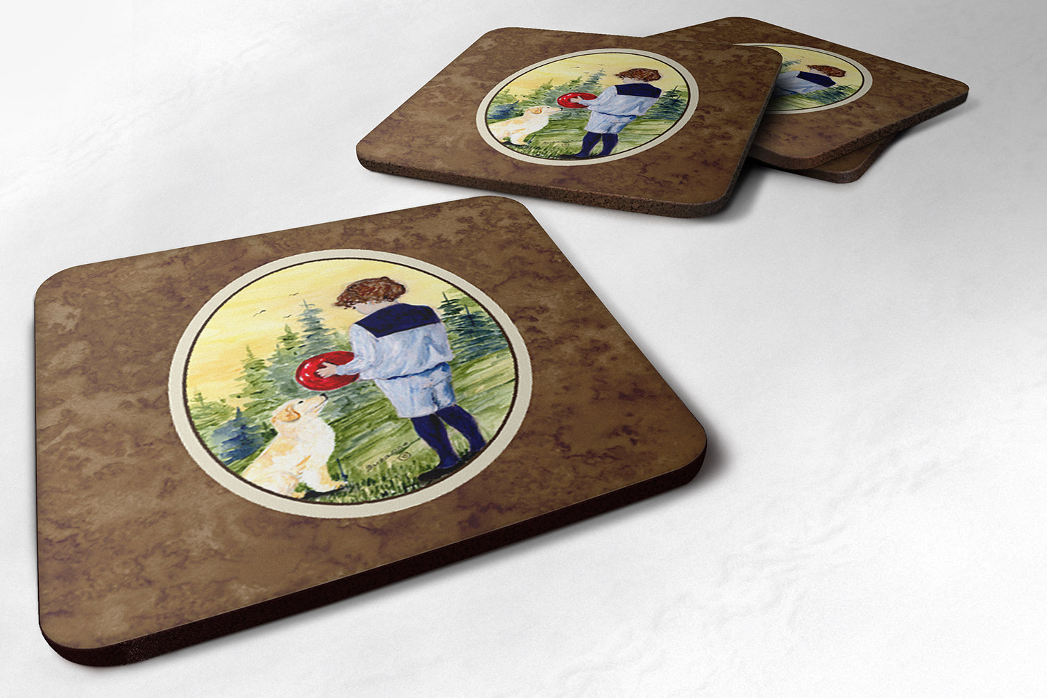 Little Boy with his Golden Retriever Foam Coasters Set of 4 Cup Coasters for Indoor Outdoor, Tabletop Protection, Anti Slip, Mouse pad Material