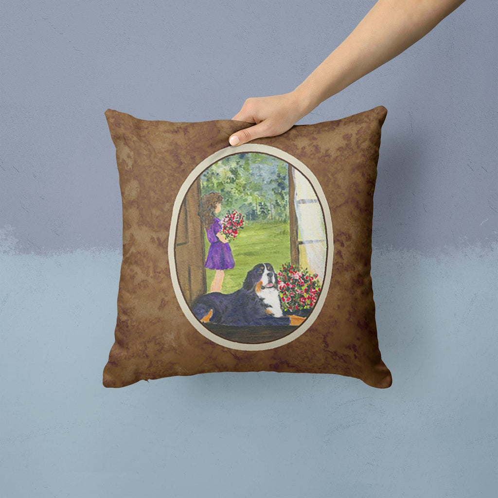 Little Girl with her Bernese Mountain Dog Decorative Throw Pillow 14x14 Indoor Outdoor Accent Cushion, Fabric Cover with Insert for Sofa, Bed, Porch & Living Room