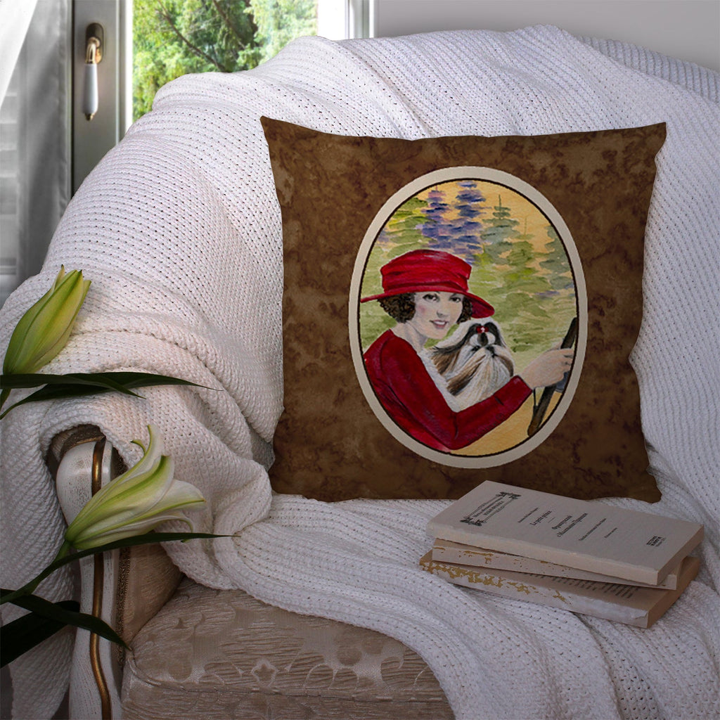 Lady driving with her Shih Tzu Decorative Throw Pillow 14x14 Indoor Outdoor Accent Cushion, Fabric Cover with Insert for Sofa, Bed, Porch & Living Room