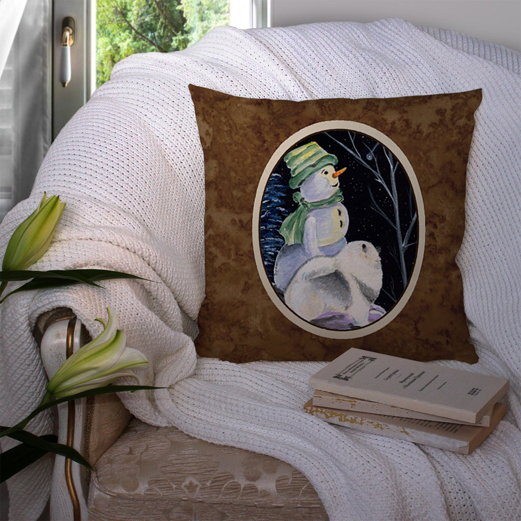 Snowman with Keeshond Decorative Throw Pillow 14x14 Indoor Outdoor Accent Cushion, Fabric Cover with Insert for Sofa, Bed, Porch & Living Room