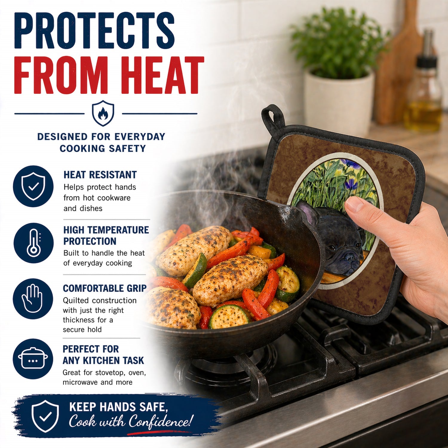 French Bulldog Pot Holder Set of 2 Heat Resistant Quilted Hot Pads 7.5 x 7.5 Inch, Insulated Kitchen Trivets for Cooking & Baking