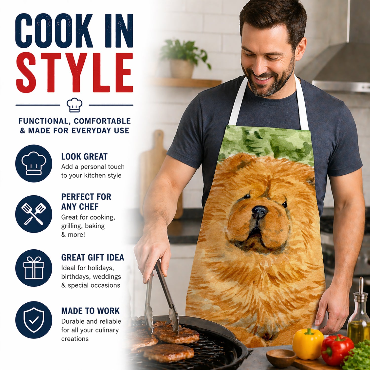 Chow Chow Apron Cooking Kitchen Server Baking Crafts Gardening for Adult Women Men, Unisex, Large, Multicolor
