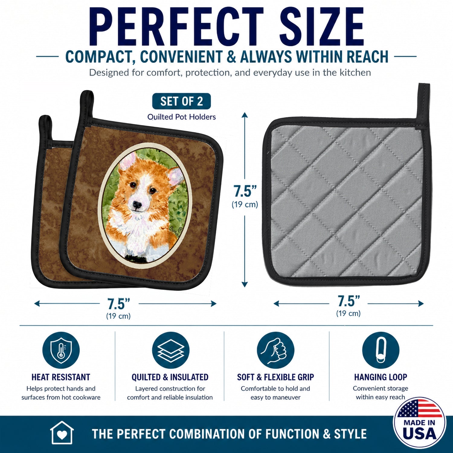 Corgi Pot Holder Set of 2 Heat Resistant Quilted Hot Pads 7.5 x 7.5 Inch, Insulated Kitchen Trivets for Cooking & Baking