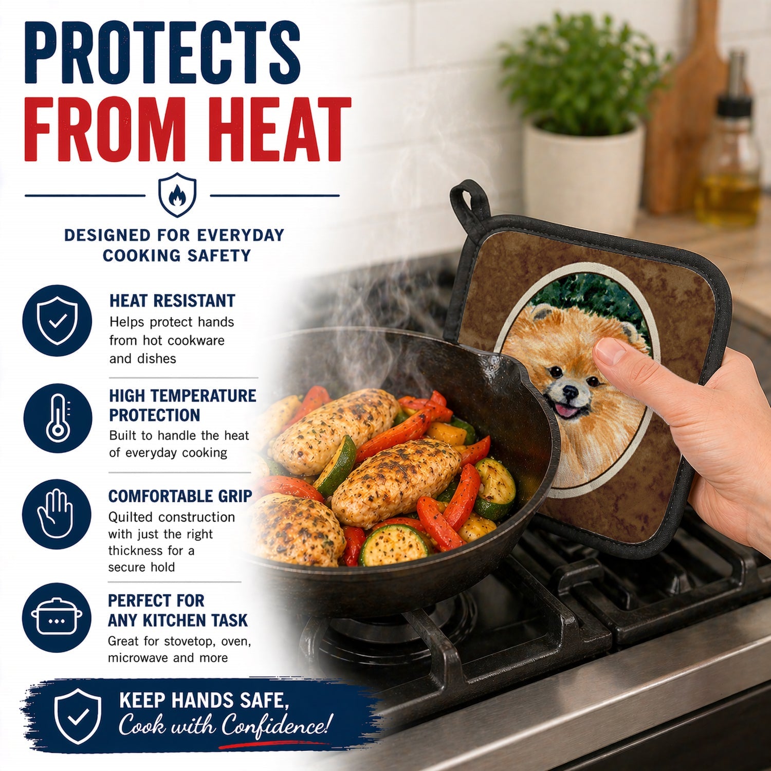 Pomeranian Pot Holder Set of 2 Heat Resistant Quilted Hot Pads 7.5 x 7.5 Inch, Insulated Kitchen Trivets for Cooking & Baking