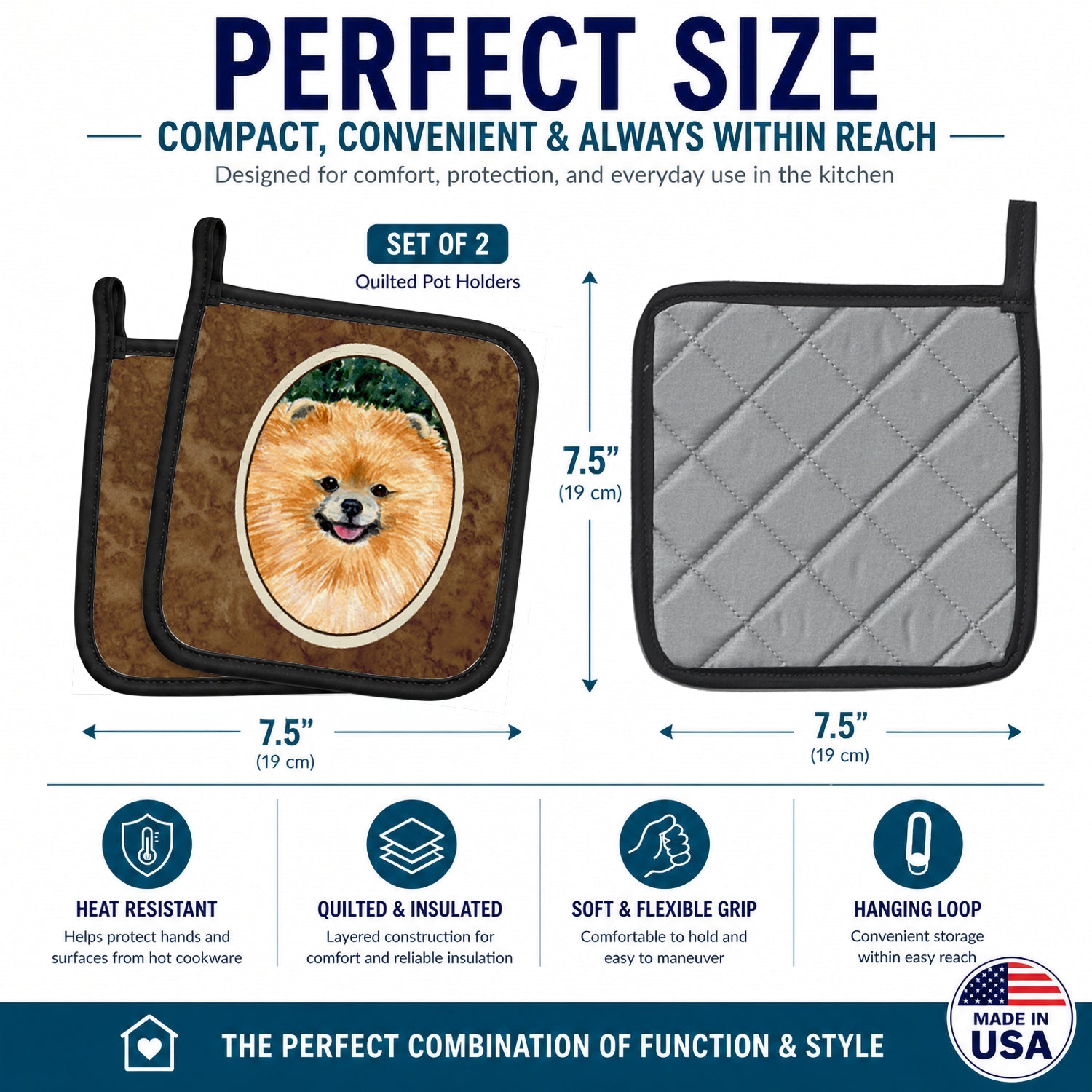 Pomeranian Pot Holder Set of 2 Heat Resistant Quilted Hot Pads 7.5 x 7.5 Inch, Insulated Kitchen Trivets for Cooking & Baking