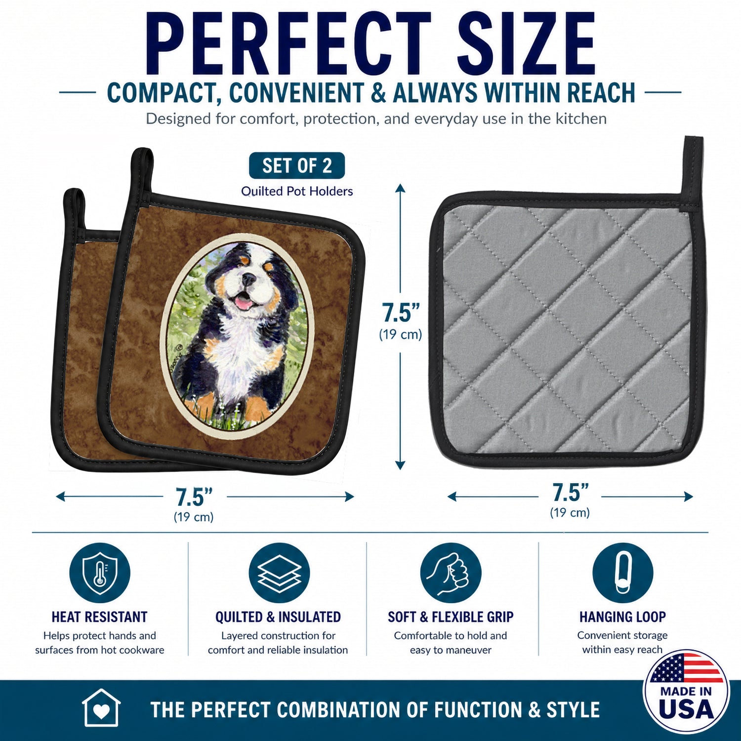 Bernese Mountain Dog Pot Holder Set of 2 Heat Resistant Quilted Hot Pads 7.5 x 7.5 Inch, Insulated Kitchen Trivets for Cooking & Baking
