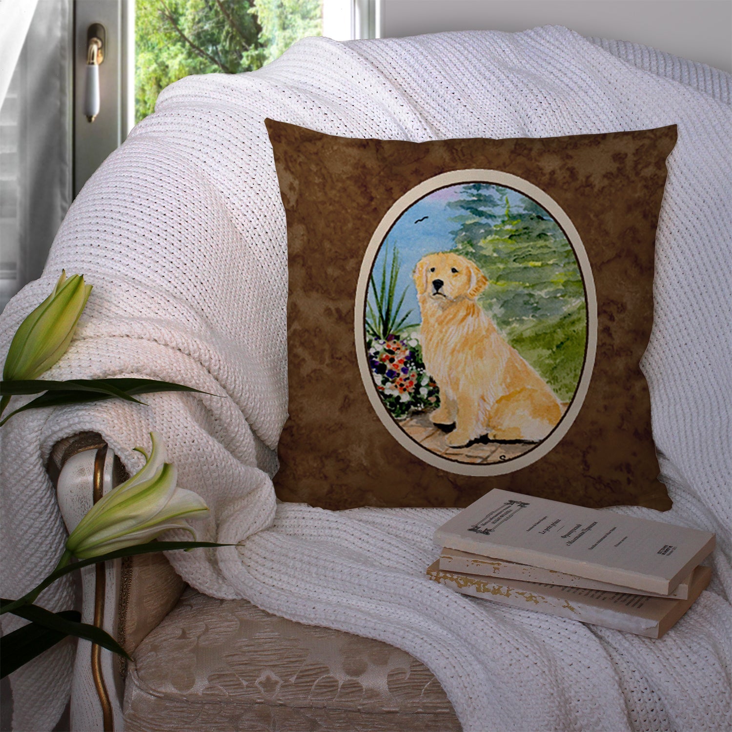 Golden Retriever Decorative Throw Pillow 14x14 Indoor Outdoor Accent Cushion, Fabric Cover with Insert for Sofa, Bed, Porch & Living Room