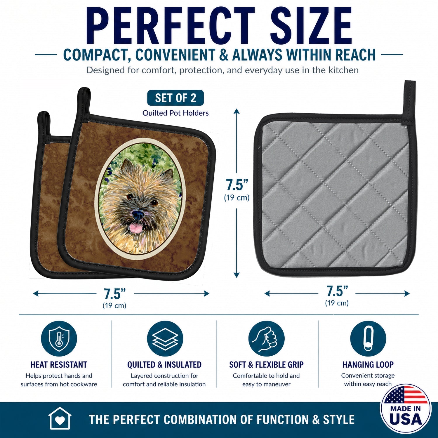 Cairn Terrier Pot Holder Set of 2 Heat Resistant Quilted Hot Pads 7.5 x 7.5 Inch, Insulated Kitchen Trivets for Cooking & Baking
