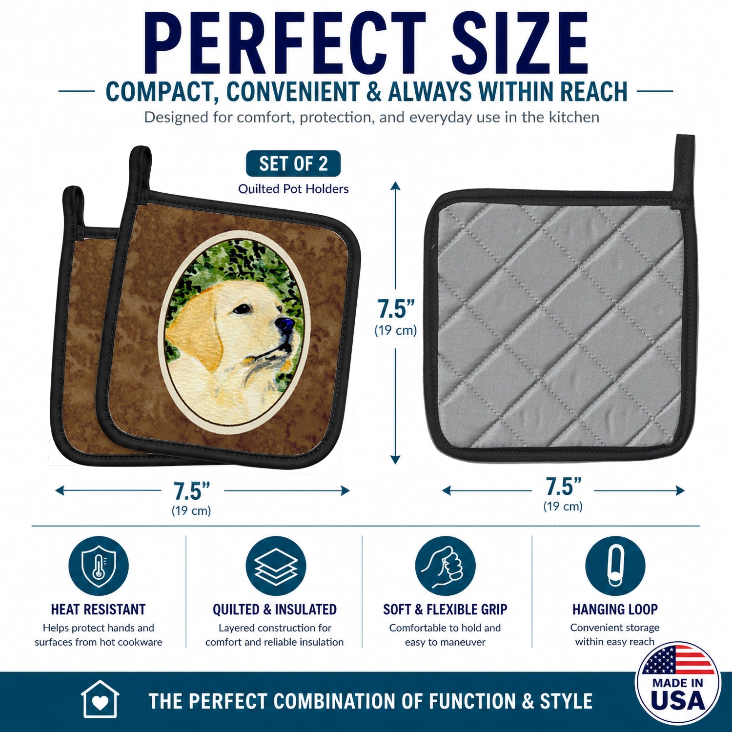 Labrador Pot Holder Set of 2 Heat Resistant Quilted Hot Pads 7.5 x 7.5 Inch, Insulated Kitchen Trivets for Cooking & Baking