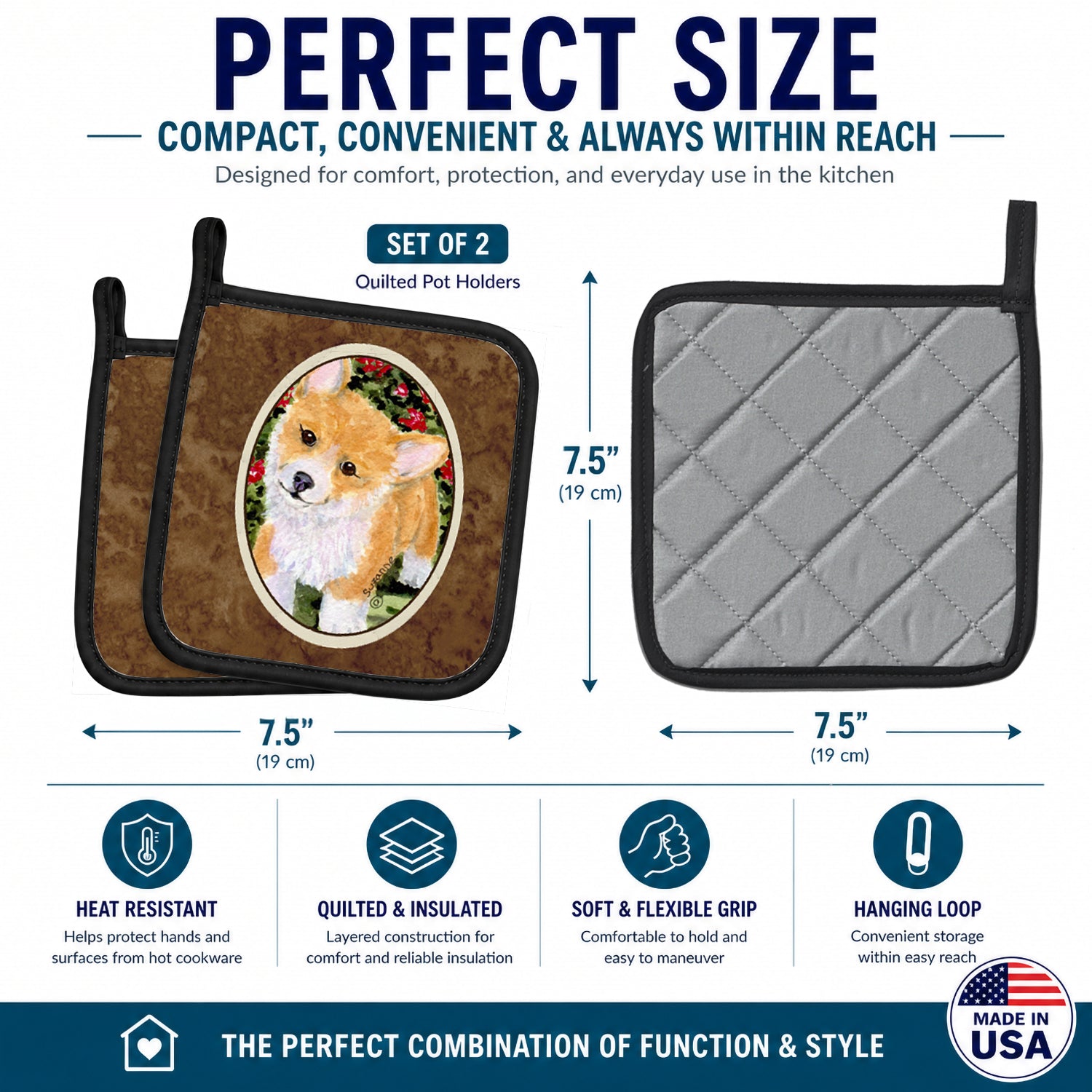 Corgi Pot Holder Set of 2 Heat Resistant Quilted Hot Pads 7.5 x 7.5 Inch, Insulated Kitchen Trivets for Cooking & Baking