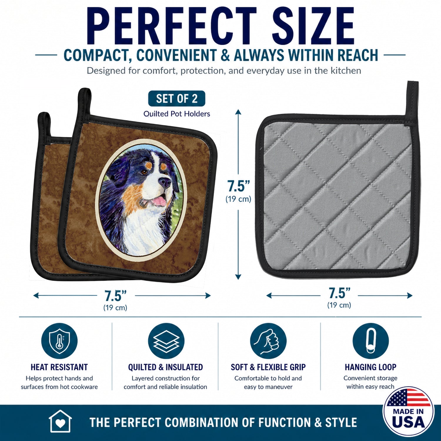 Bernese Mountain Dog Pot Holder Set of 2 Heat Resistant Quilted Hot Pads 7.5 x 7.5 Inch, Insulated Kitchen Trivets for Cooking & Baking