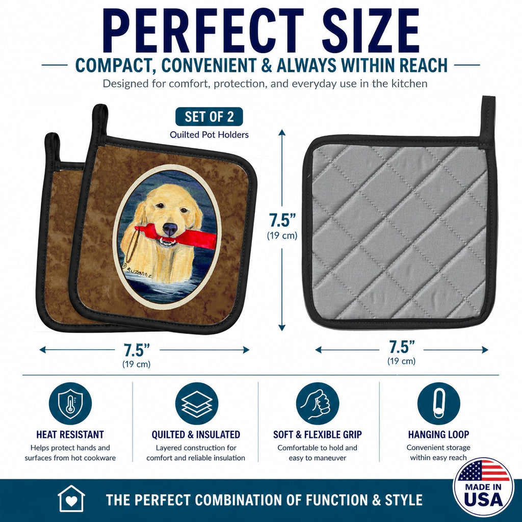 Golden Retriever Pot Holder Set of 2 Heat Resistant Quilted Hot Pads 7.5 x 7.5 Inch, Insulated Kitchen Trivets for Cooking & Baking