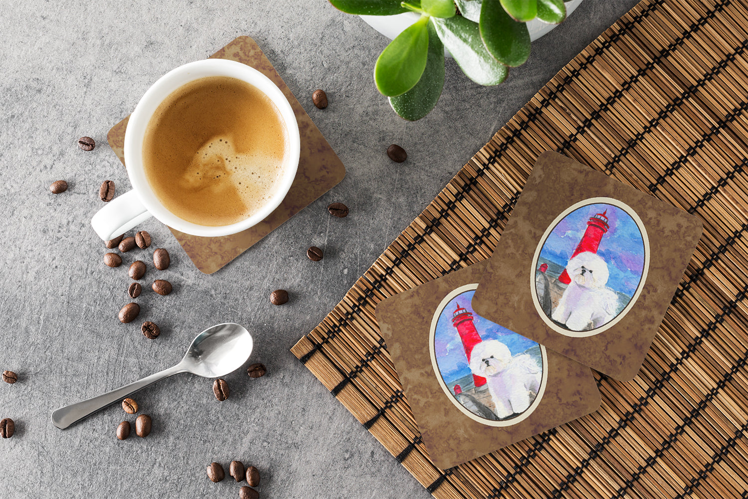 Lighthouse with Bichon Frise Foam Coasters Set of 4 Cup Coasters for Indoor Outdoor, Tabletop Protection, Anti Slip, Mouse pad Material