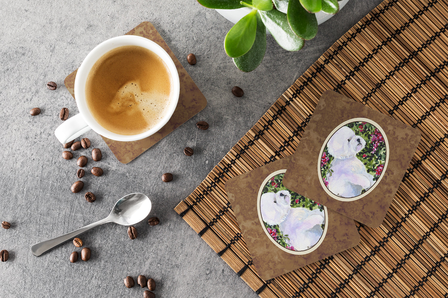 Bichon Frise Foam Coasters Set of 4 Cup Coasters for Indoor Outdoor, Tabletop Protection, Anti Slip, Mouse pad Material