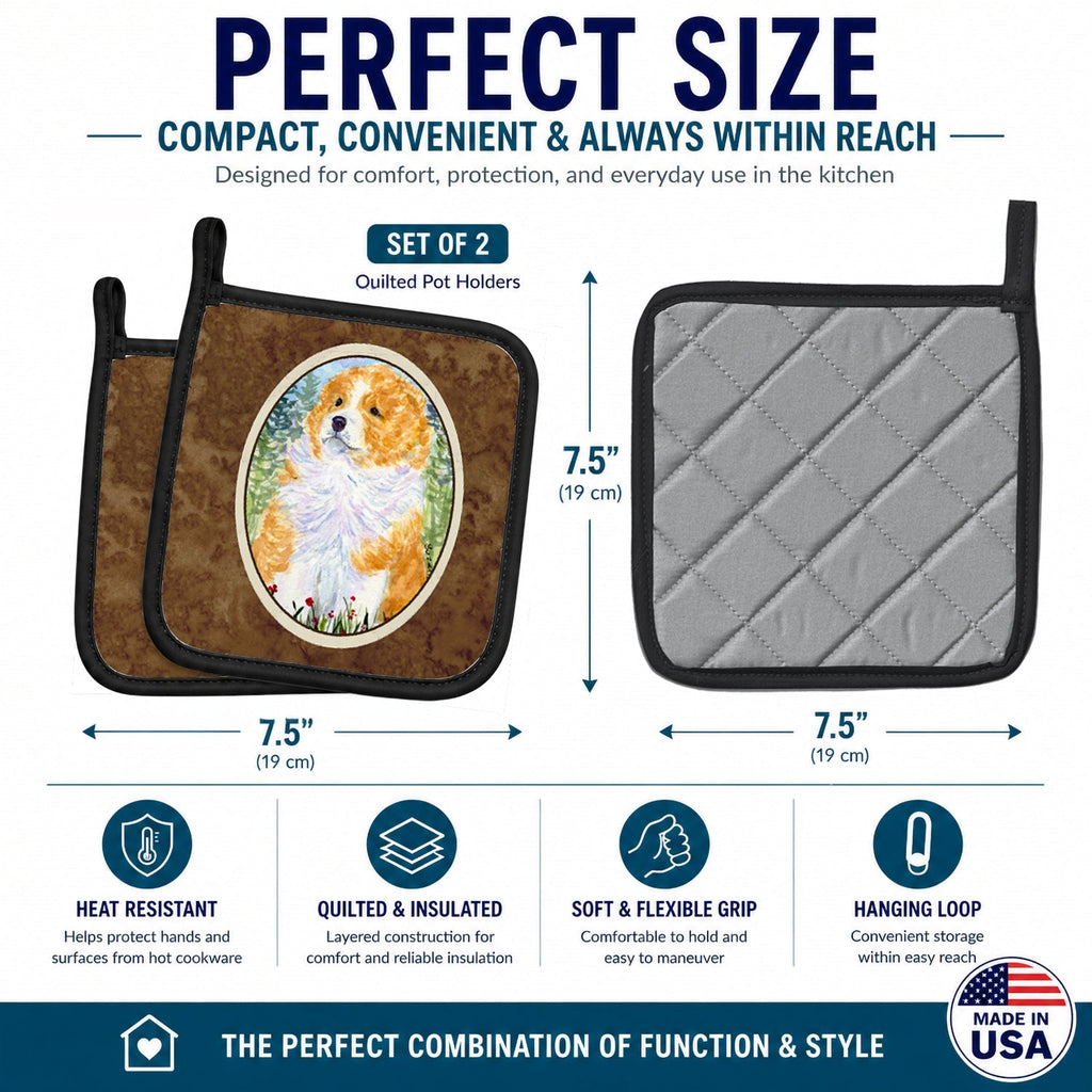 Sheltie Pot Holder Set of 2 Heat Resistant Quilted Hot Pads 7.5 x 7.5 Inch, Insulated Kitchen Trivets for Cooking & Baking