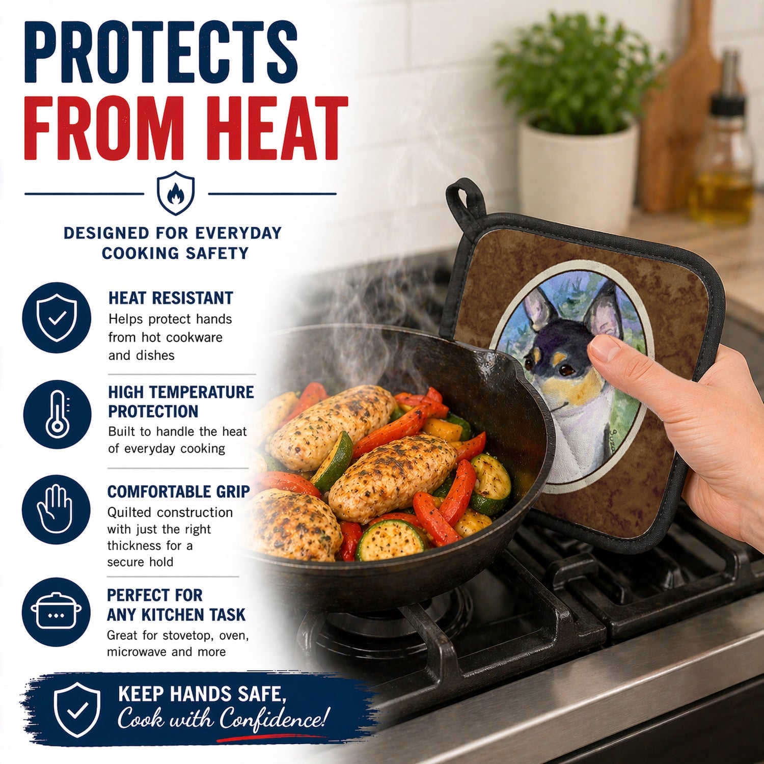 Rat Terrier Pot Holder Set of 2 Heat Resistant Quilted Hot Pads 7.5 x 7.5 Inch, Insulated Kitchen Trivets for Cooking & Baking