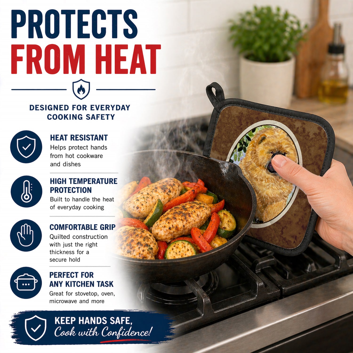 Chow Chow Pot Holder Set of 2 Heat Resistant Quilted Hot Pads 7.5 x 7.5 Inch, Insulated Kitchen Trivets for Cooking & Baking