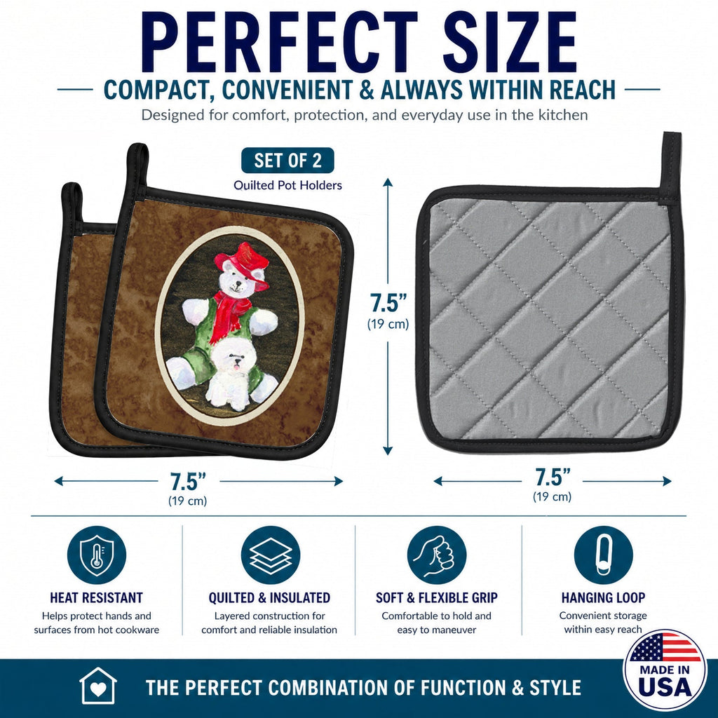 Bichon Frise with Teddy Bear Pot Holder Set of 2 Heat Resistant Quilted Hot Pads 7.5 x 7.5 Inch, Insulated Kitchen Trivets for Cooking & Baking