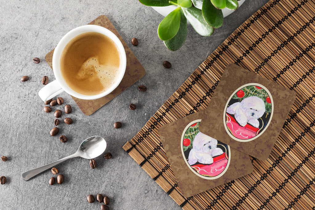 Christmas Tree with  Bichon Frise Foam Coasters Set of 4 Cup Coasters for Indoor Outdoor, Tabletop Protection, Anti Slip, Mouse pad Material