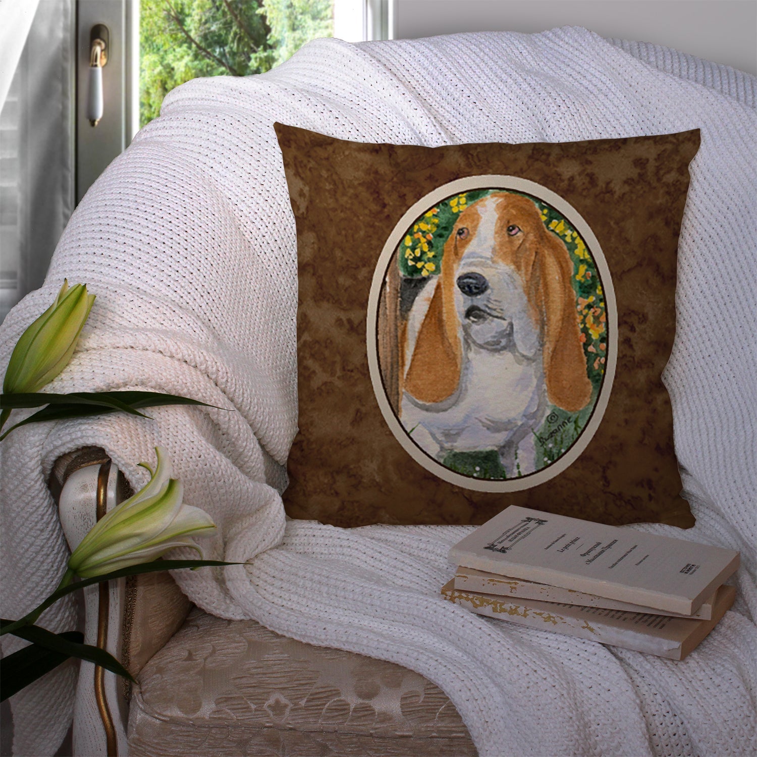 Basset Hound Decorative Throw Pillow 14x14 Indoor Outdoor Accent Cushion, Fabric Cover with Insert for Sofa, Bed, Porch & Living Room