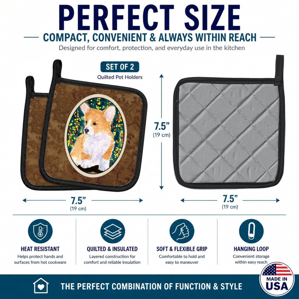 Corgi Pot Holder Set of 2 Heat Resistant Quilted Hot Pads 7.5 x 7.5 Inch, Insulated Kitchen Trivets for Cooking & Baking