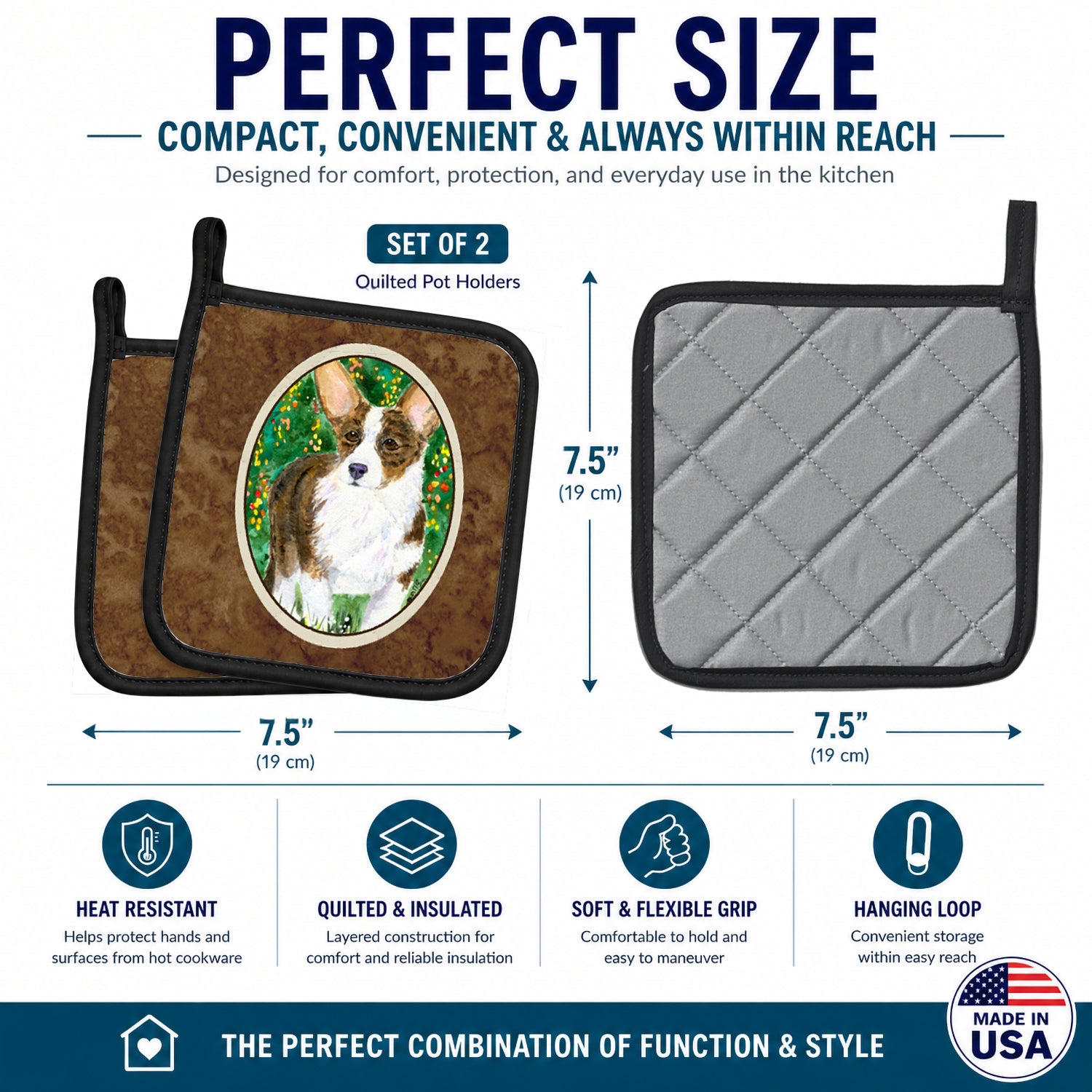 Corgi Pot Holder Set of 2 Heat Resistant Quilted Hot Pads 7.5 x 7.5 Inch, Insulated Kitchen Trivets for Cooking & Baking