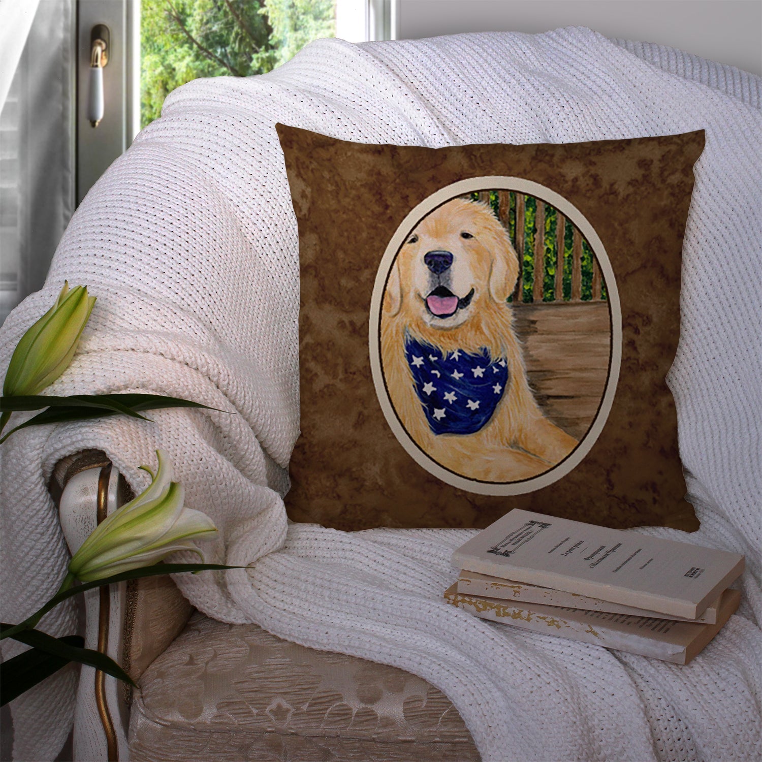 Golden Retriever Decorative Throw Pillow 14x14 Indoor Outdoor Accent Cushion, Fabric Cover with Insert for Sofa, Bed, Porch & Living Room