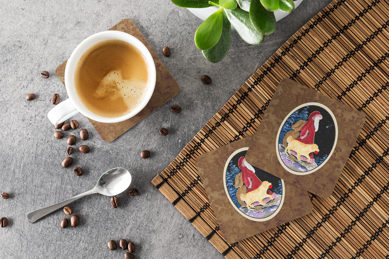Santa Claus with  Golden Retriever Foam Coasters Set of 4 Cup Coasters for Indoor Outdoor, Tabletop Protection, Anti Slip, Mouse pad Material