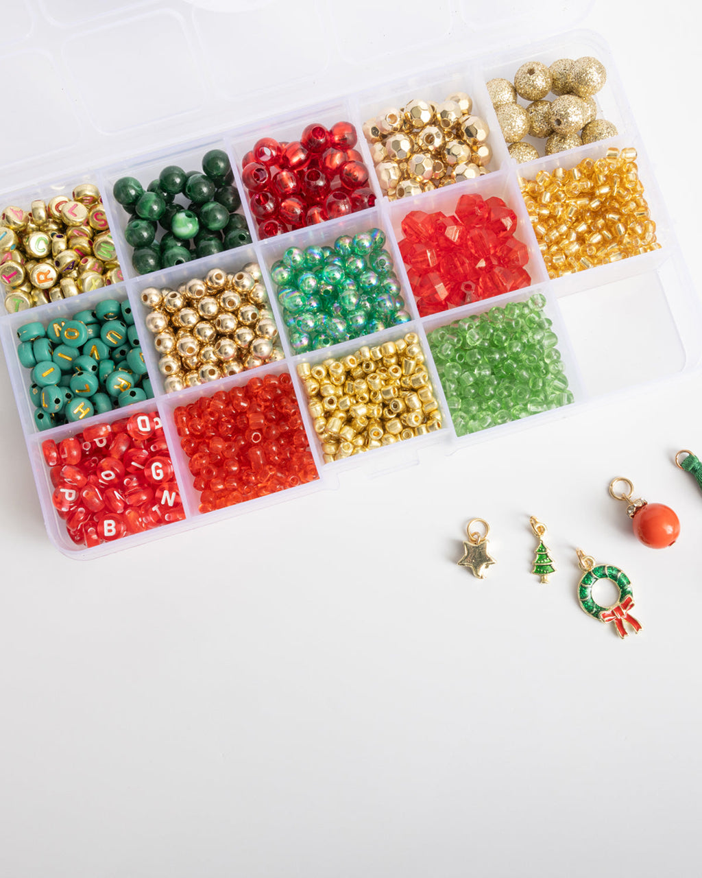 Metallic Gold, Green, and Red Holiday Alphabet DIY Bead Box