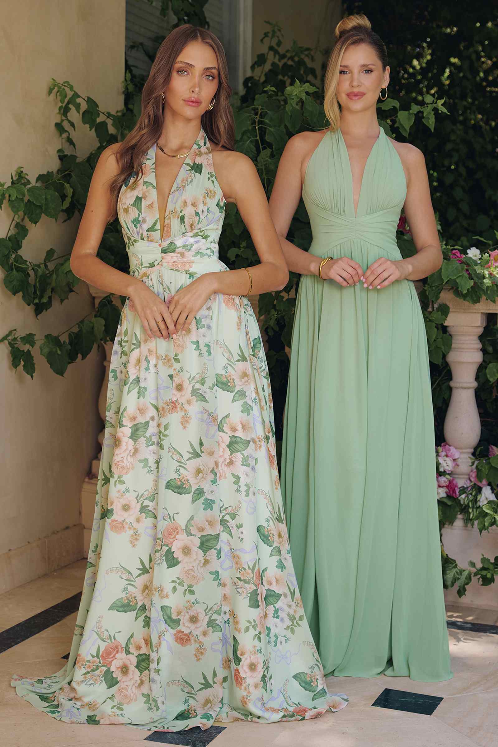 Amoris T719 Floral Printed A-Line Plunging Neckline Gown