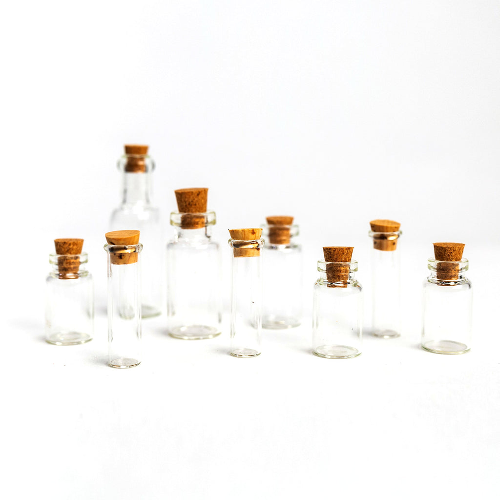 Mini Glass Bottles Set of 9 Tiny Jars with Cork Lid