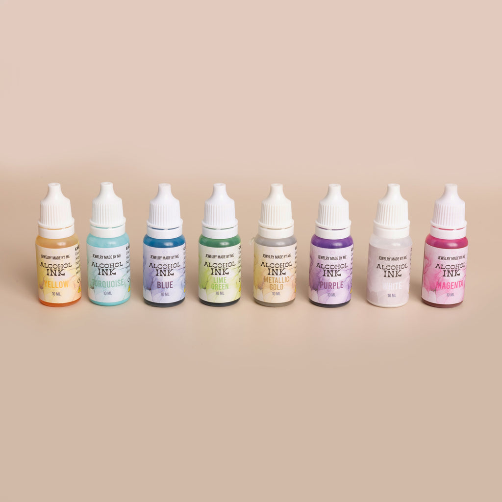Alcohol Inks Set of 8 Bright Colors - Pink, Blue, Yellow, Turquoise, Lime Green, Gold, and White