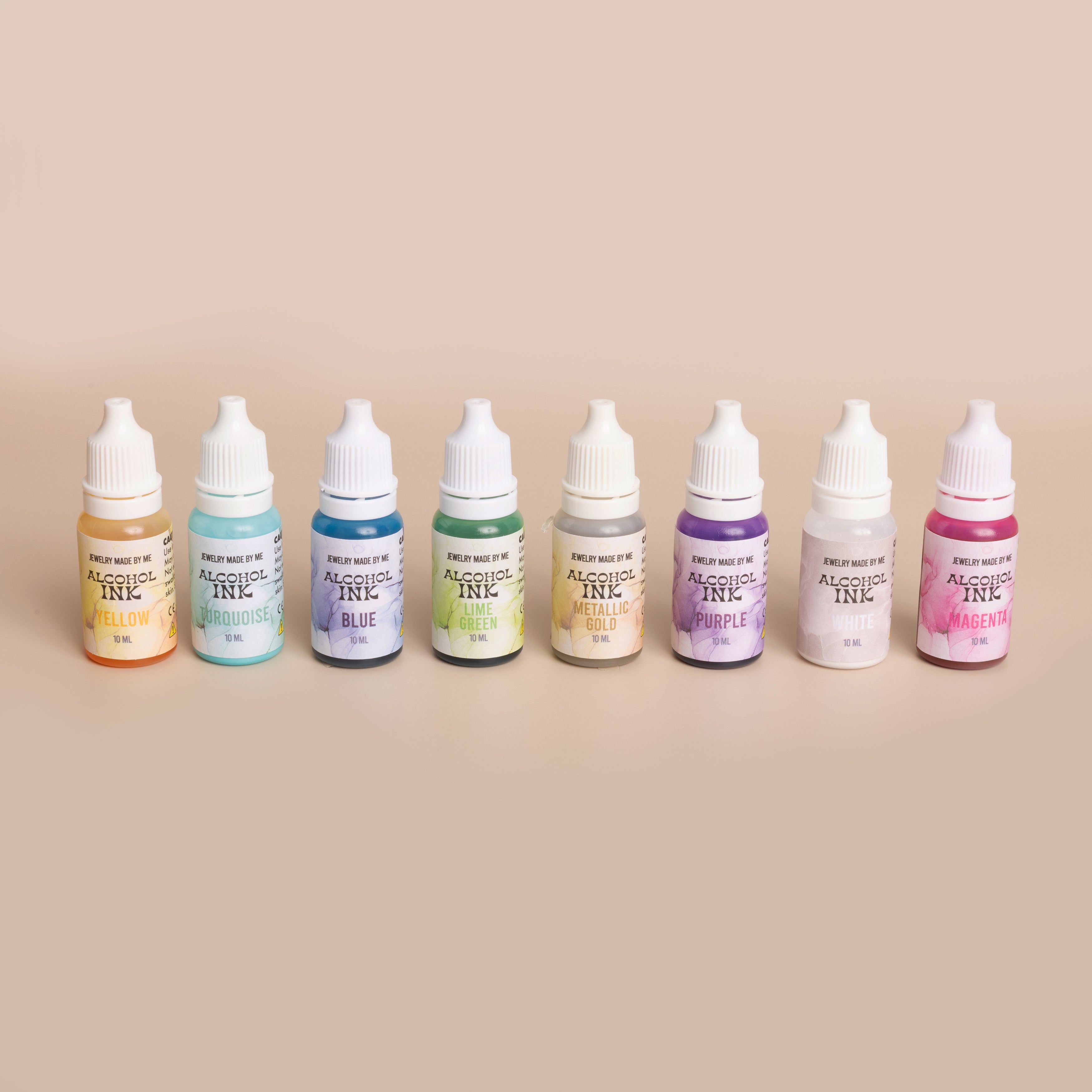 Alcohol Inks Set of 8 Bright Colors - Pink, Blue, Yellow, Turquoise, Lime Green, Gold, and White