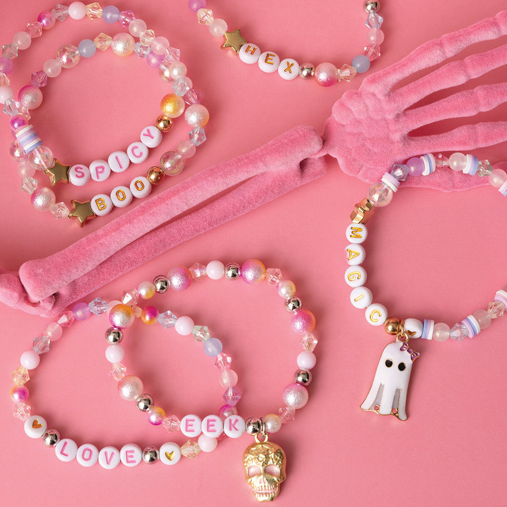 Skull Shaped Jar Gold Skull Charm Pink and White Letter Beads DIY Jar