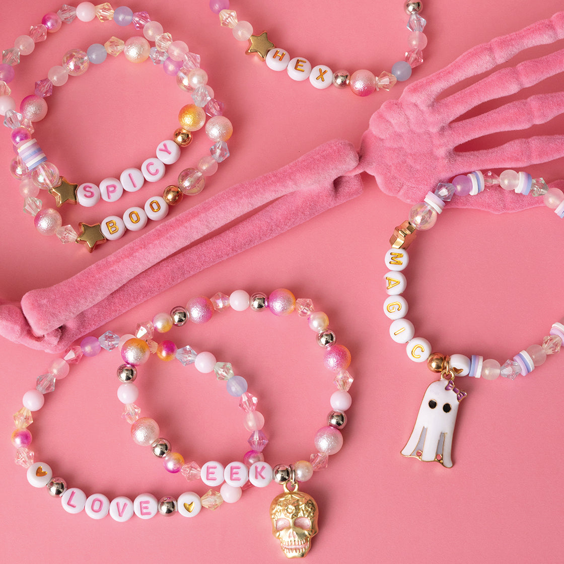 Skull Shaped Jar Gold Skull Charm Pink and White Letter Beads DIY Jar
