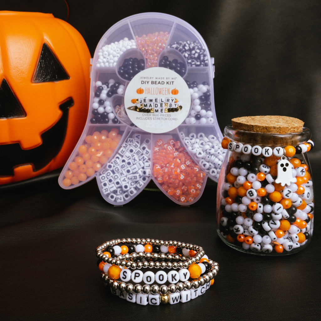 SPOOKY Halloween White Letter Bead and Ghost Charm DIY Bead Jar